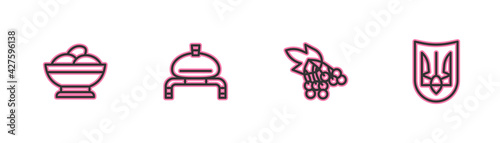Set line Varenyky in a bowl, Branch viburnum, Bread and salt and Ukrainian trident icon. Vector