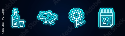 Set line Vodka with pepper and glass, Map of Ukraine, Sunflower and Independence day. Glowing neon icon. Vector