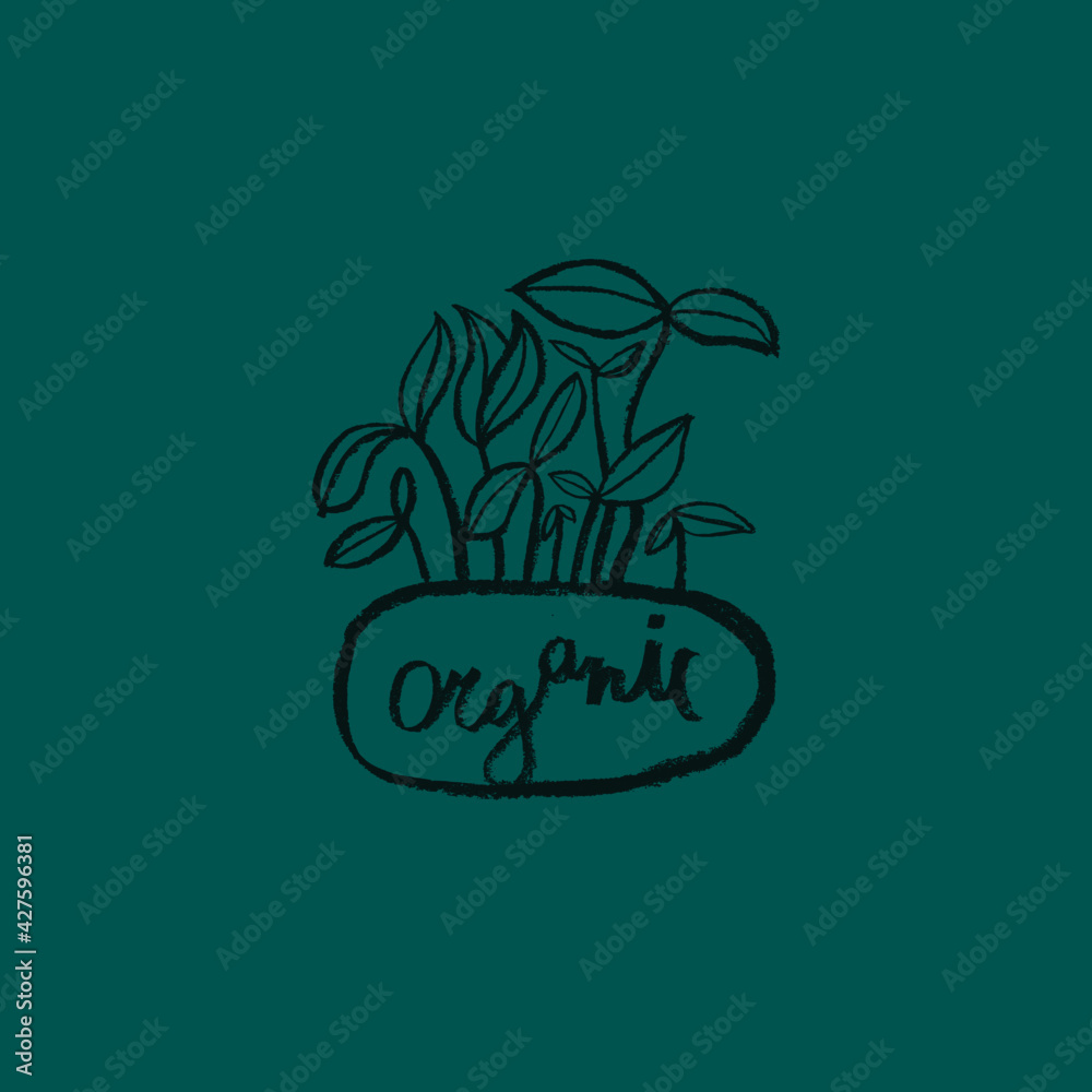 Vector organic symbol in trendy hand-drawn style. Microgreens sign, eco products, emblem of natural organic cosmetics packaging design. Biological icon. Badge of healthy eating. Stamp healthy food.