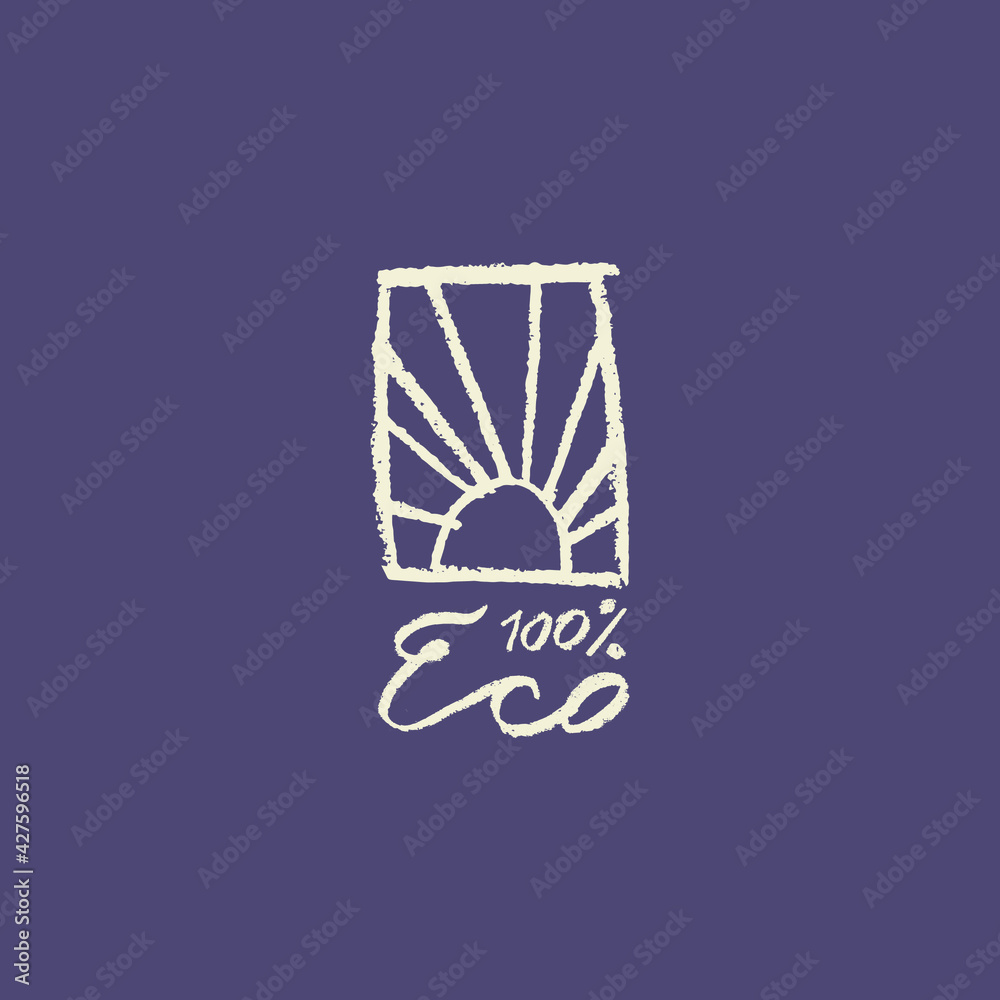 Vector eco-friendly symbol in trendy hand-drawn style. Ecological sign, eco products, emblem of organic cosmetics packaging design. environmentally friendly icon. Badge of ecology. Stamp healthy food.