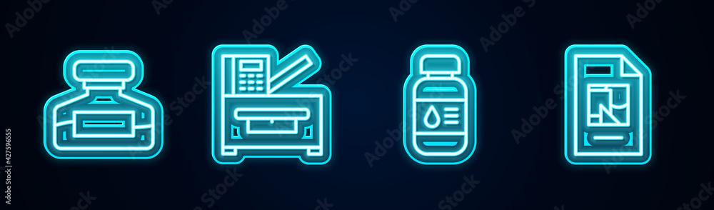 Set line Ink bottle, Copy machine, Printer ink and File document. Glowing neon icon. Vector Set line Ink bottle, Copy machine, Printer ink and File document. Glowing neon icon. Vector