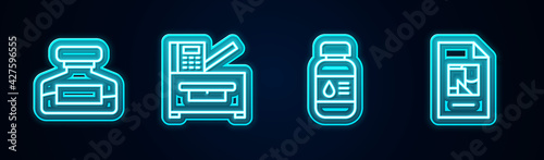 Set line Ink bottle, Copy machine, Printer ink and File document. Glowing neon icon. Vector