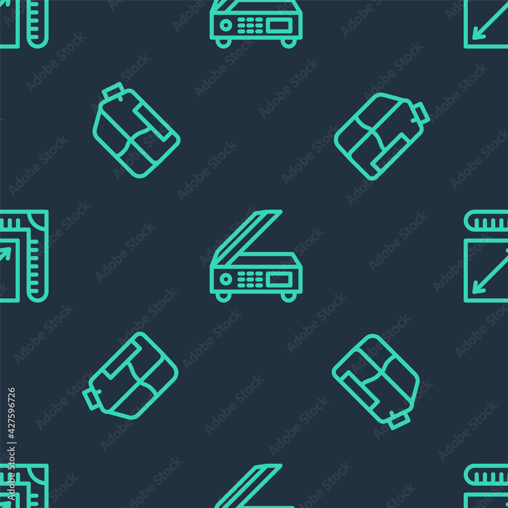 Set line Scanner, Printer ink bottle and Paper size on seamless pattern. Vector Set line Scanner, Printer ink bottle and Paper size on seamless pattern. Vector
