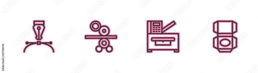 Set line Fountain pen nib, Copy machine, Paper roll of printing press and Carton cardboard box icon. Vector Set line Fountain pen nib, Copy machine, Paper roll of printing press and Carton cardboard box icon. Vector