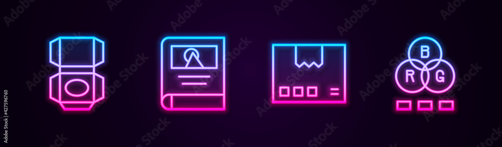Set line Carton cardboard box, Photo album gallery, and RGB color mixing. Glowing neon icon. Vector Set line Carton cardboard box, Photo album gallery, and RGB color mixing. Glowing neon icon. Vector