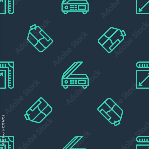 Set line Scanner, Printer ink bottle and Paper size on seamless pattern. Vector