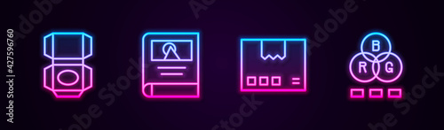 Set line Carton cardboard box, Photo album gallery, and RGB color mixing. Glowing neon icon. Vector