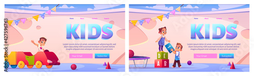 Kids in playroom cartoon landing pages, children have fun in indoors playground with toys, furniture and equipment for games wood train, cubes, trampoline and balls for baby activity vector web banner
