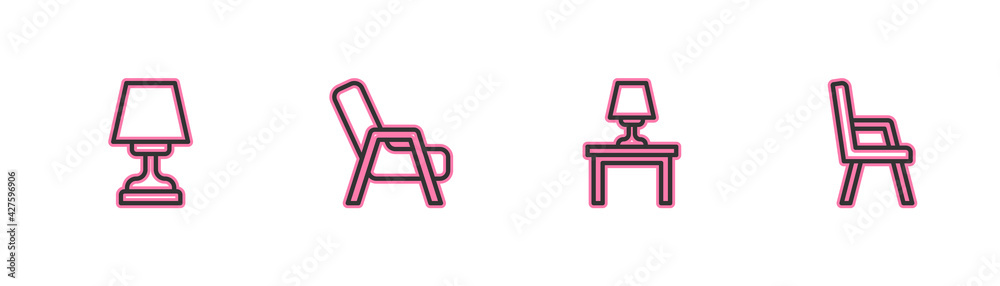 Set line Table lamp, on table, Armchair and icon. Vector Set line Table lamp, on table, Armchair and icon. Vector