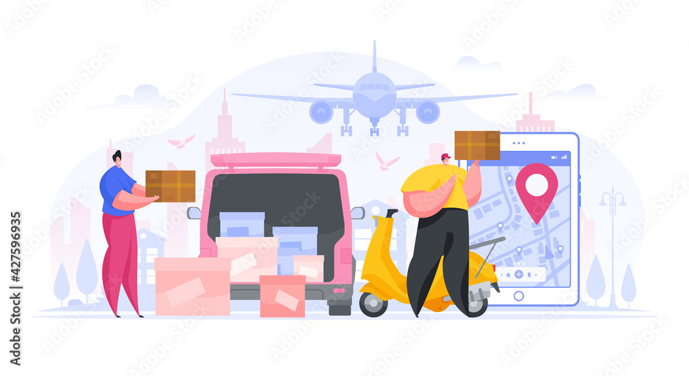 Simple vector illustration with digital application and worker of transfer company delivery and sorting parcels working isolated on white background Simple vector illustration with digital application and worker of transfer company delivery and sorting parcels working isolated on white background