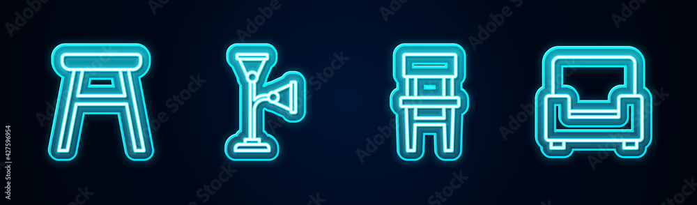 Set line Chair, Floor lamp, and Armchair. Glowing neon icon. Vector Set line Chair, Floor lamp, and Armchair. Glowing neon icon. Vector