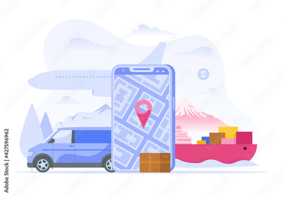 Simple flat design of vector smartphone with GPS icon for tracking order and delivery service on background of different vehicles