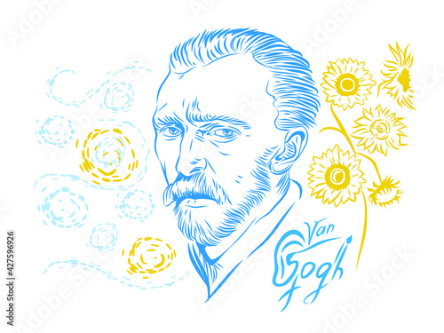 Vector illustration of a portrait of Vincent van Gogh on a background of sunflowers and clouds.