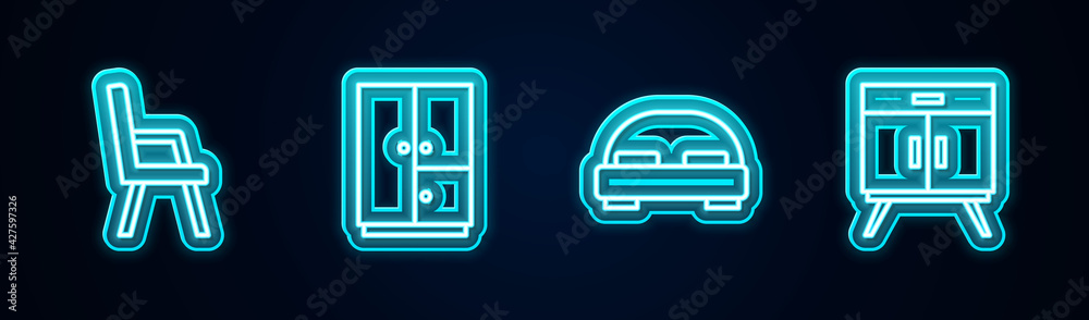 Set line Armchair, Wardrobe, Big bed and Chest of drawers. Glowing neon icon. Vector Set line Armchair, Wardrobe, Big bed and Chest of drawers. Glowing neon icon. Vector