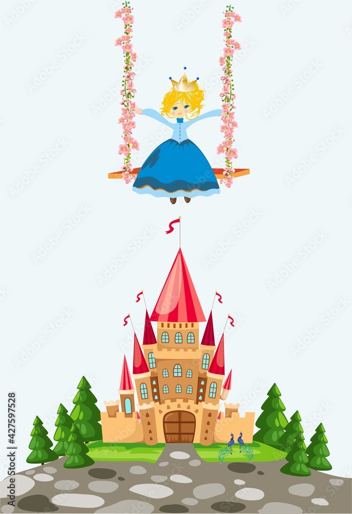 Naklejka premium fairy-tale composition with a castle and a princess on a swing