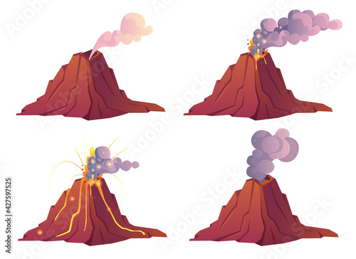 Volcanic eruption stages. Volcano erupts with hot lava, fire and clouds of smoke, ash and gases. Vector cartoon set of mountain with crater and flow magma isolated on white background