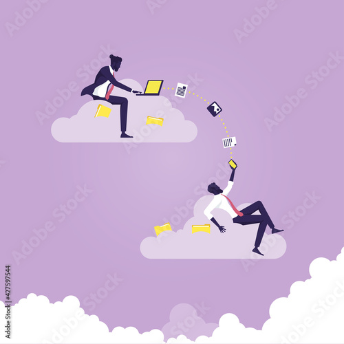 Businessman using computer upload and download information and data on cloud computing technology network, work from anywhere