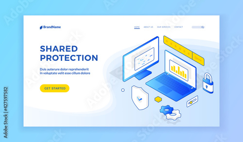 Shared protection. Blue three dimensional icons of computer and laptop with safety elements on homepage of website about shared protection. Isometric web banner, landing page template