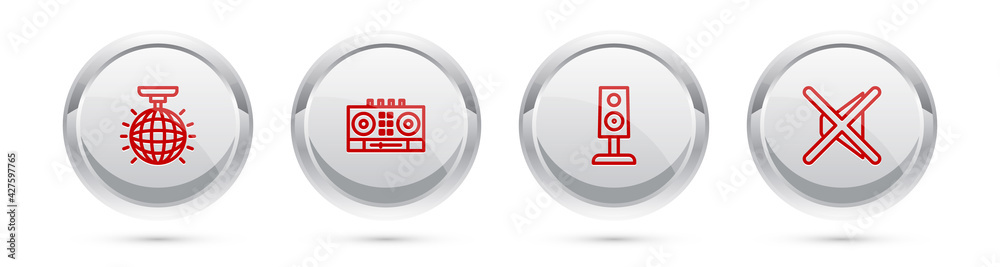 Set line Disco ball, DJ remote and mixing music, Stereo speaker and Speaker mute. Silver circle button. Vector Set line Disco ball, DJ remote and mixing music, Stereo speaker and Speaker mute. Silver circle button. Vector
