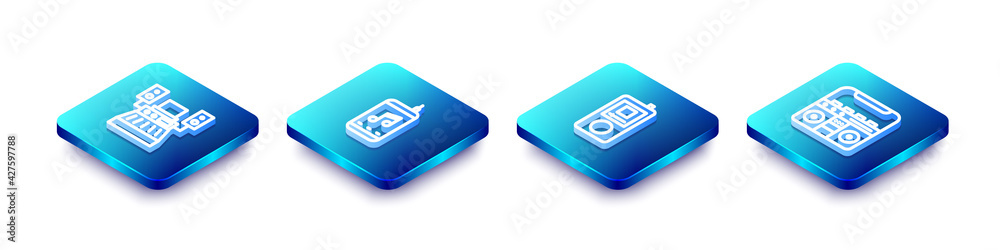 Set Isometric line Music recording studio, player, and Home stereo with speakers icon. Vector Set Isometric line Music recording studio, player, and Home stereo with speakers icon. Vector