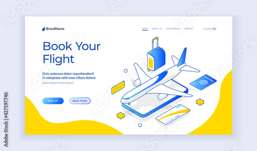 Book your flight. Vector banner of contemporary website with icons of mobile phone and airplane with tourist items offering information about booking flight. Web banner, landing page template