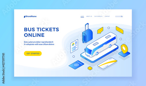 Bus tickets online. Vector illustration of bus and travel symbols on banner of online ticket selling service. Booking and purchase tickets online. Isometric web banner, landing page template