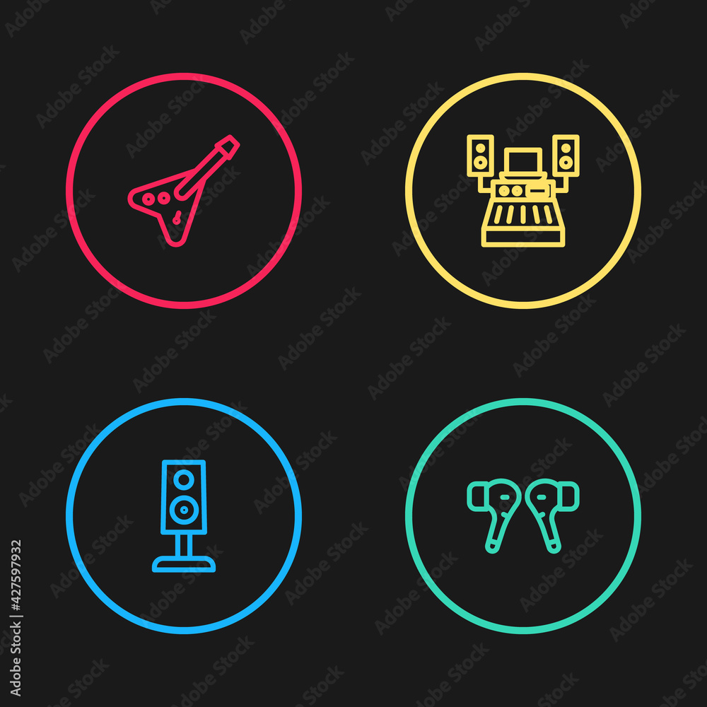 Set line Stereo speaker, Air headphones, Music recording studio and Electric bass guitar icon. Vector Set line Stereo speaker, Air headphones, Music recording studio and Electric bass guitar icon. Vector