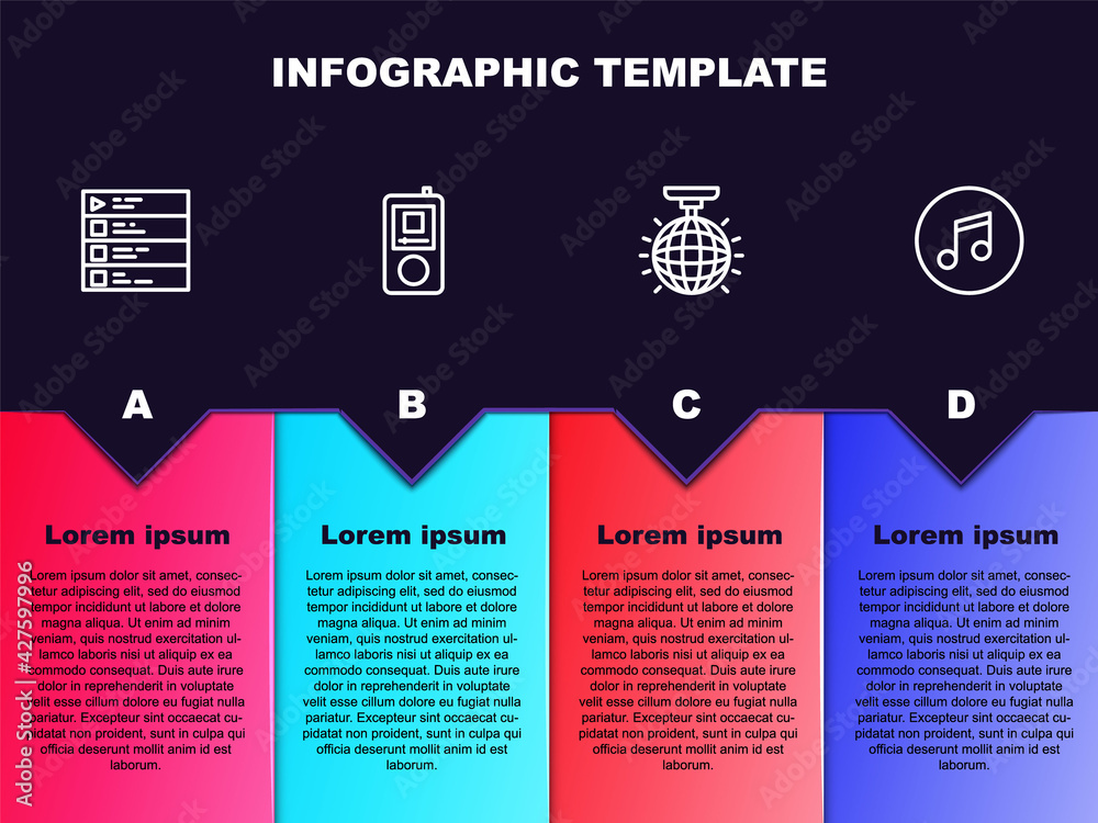 Set line Music playlist, player, Disco ball and note, tone. Business infographic template. Vector Set line Music playlist, player, Disco ball and note, tone. Business infographic template. Vector