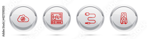 Set line Music streaming service, Oscilloscope, Audio jack and Stereo speaker. Silver circle button. Vector
