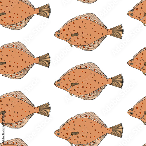 Seamless pattern of fish flounder, hand drawn. Can be used for packaging, menu, restaurant and cafe, market and etc. Vector illustration.
