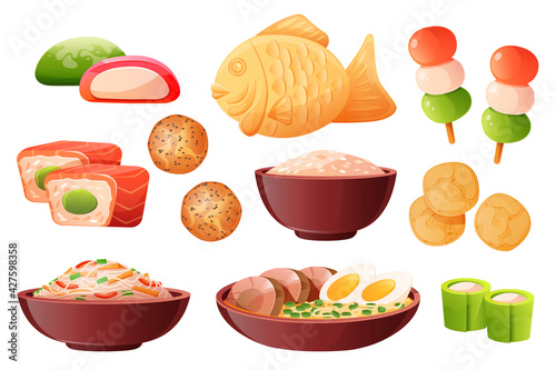 Rice in bowl, soup ramen with noodles and eggs. Traditional japanese food cooked from rice. Vector cartoon set with sushi, taiyaki fish, chips, dango, wagashi and mochi isolated on white background