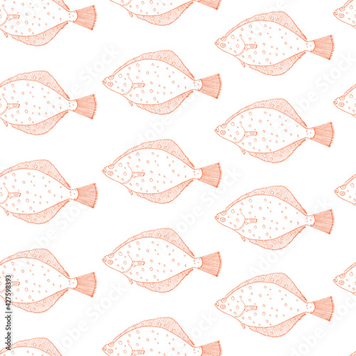 Seamless pattern of fish flounder, hand drawn. Can be used for packaging, menu, restaurant and cafe, market and etc. Vector illustration.