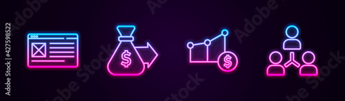 Set line Browser window, Money bag, Pie chart and dollar and Project team base. Glowing neon icon. Vector