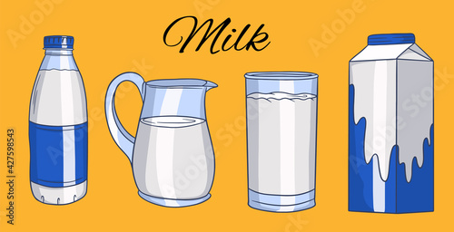 Set of vector illustrations in cartoon style of glass bottles with milk. Milk in a glass, a jug, in a cardboard box, in a bottle.
