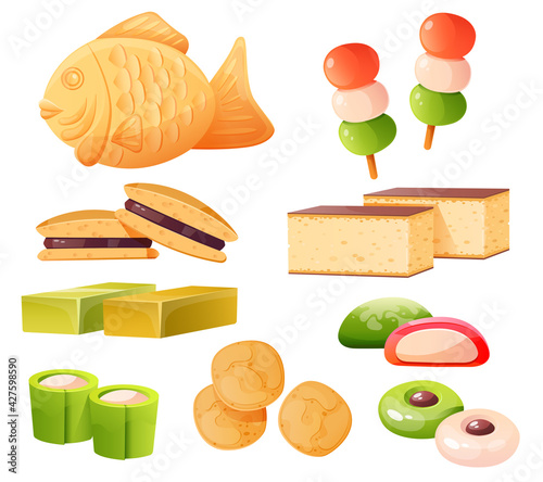 Japanese sweets cartoon set, taiyaki fish-shaped cake, ice cream Mochi in rice dough, Mitarashi dango dessert covered witha sweet soy sauce glaze, nerikiri classic street Japan snacks Vector icons photo