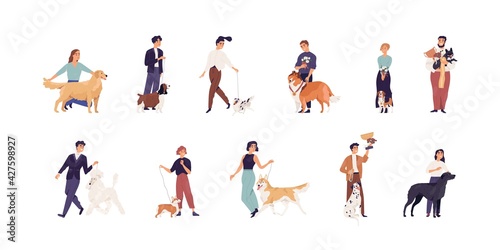 Set of pet owners with purebred dogs. Happy people with canine winner s golden cups and medals. Men and women with doggies and puppies. Colored flat vector illustration isolated on white background