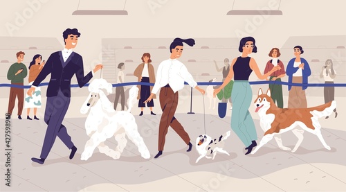 Happy pet owners presenting their cute doggies at dog show. People leading obedient animals at breed exhibition. Colored flat vector illustration of canine contest, championship or competition