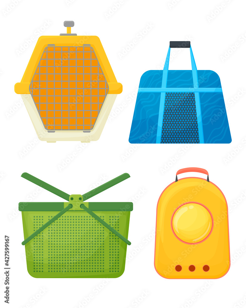 Types of portable pet cages, carrier for dogs and cats cartoon style. rag  bag, plastic carrier and backpack for carrying animals vector Illustration  on a white background Stock Vector | Adobe Stock