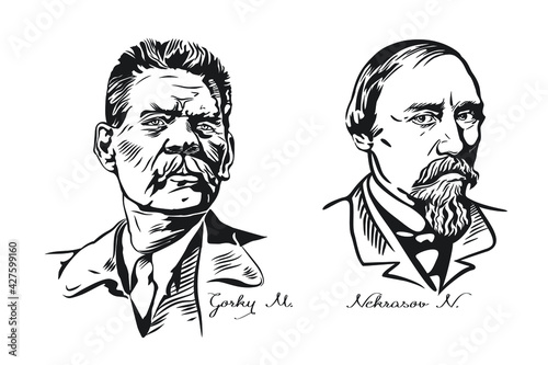 Black-and-white recognizable portraits of writers M. Gorky and N. Nekrasov. Both men are in suits. Vector graphics.