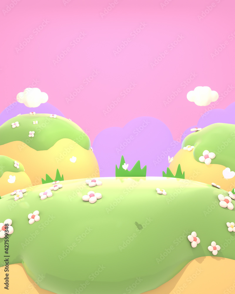 Cartoon spring flowers mountain landscape, white clouds, and pink purple sky. 3d rendering picture.