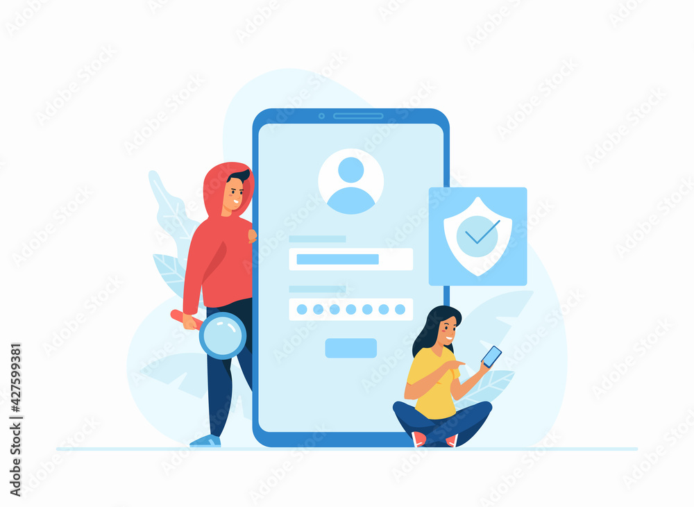 Stealing data concept flat vector illustration. Online registration form, login to social media account. Female cartoon character thinking about security. Male hacker tries to gather personal data