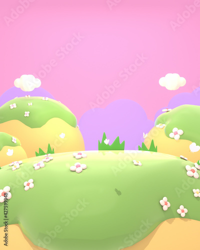Cartoon spring flowers mountain landscape, white clouds, and pink purple sky. 3d rendering picture.