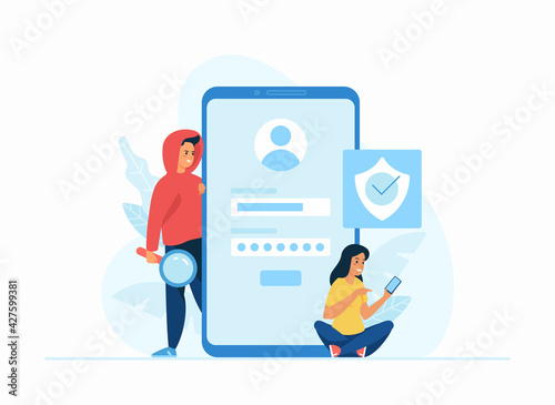 Stealing data concept flat vector illustration. Online registration form, login to social media account. Female cartoon character thinking about security. Male hacker tries to gather personal data