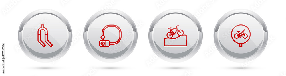 Set line Bicycle fork, lock, Mountain bicycle and . Silver circle button. Vector