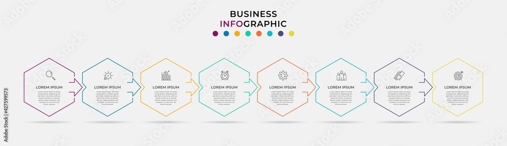 Vector Infographic design business template with icons and 8 options or steps. Can be used for process diagram, presentations, workflow layout, banner, flow chart, info graph Vector Infographic design business template with icons and 8 options or steps. Can be used for process diagram, presentations, workflow layout, banner, flow chart, info graph