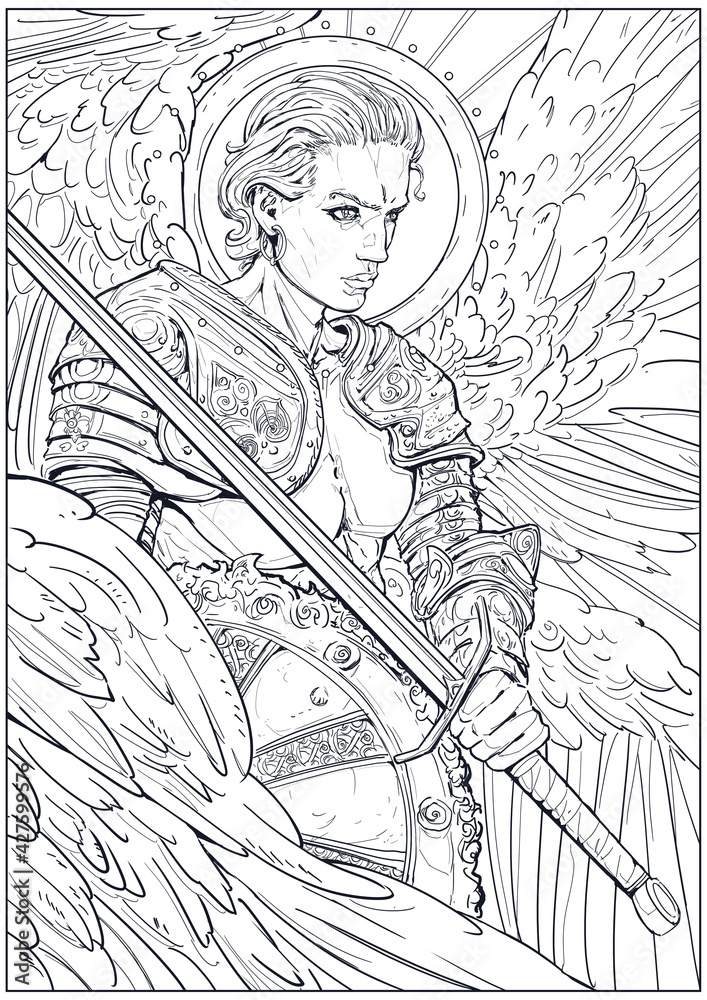 Coloring page for adults. Handsome warrior angel with an open muscular torso in a plate shoulder ...
