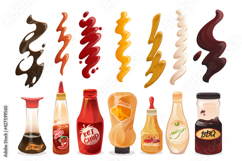 Set of different sauces in bottles and strokes top view. Mayonnaise, ketchup, mustard and soy sauce with cheese hot chili or bbq products in tubes isolated on white background, Cartoon vector icons