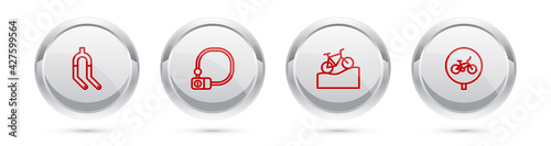 Set line Bicycle fork, lock, Mountain bicycle and . Silver circle button. Vector