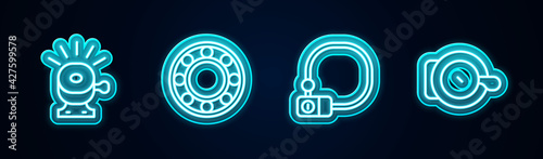 Set line Bicycle bell, ball bearing, lock and . Glowing neon icon. Vector