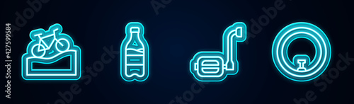 Set line Mountain bicycle, Sport bottle with water, Bicycle pedal and wheel. Glowing neon icon. Vector